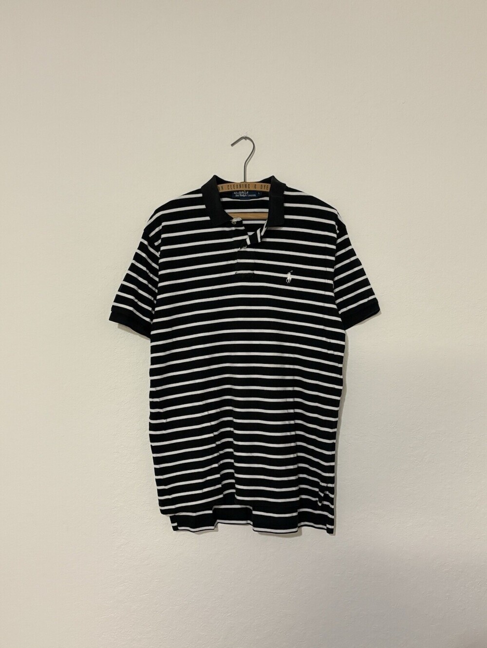 Polo Ralph Lauren Polo Shirt Men L Black White Striped Knit Short Sleeve Cotton